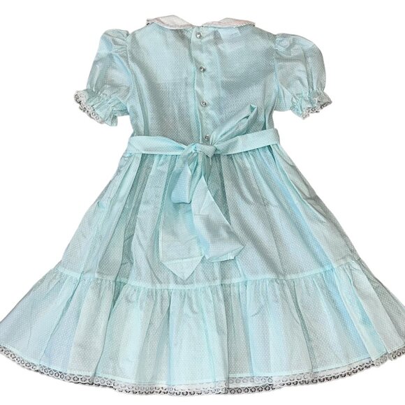 Polly Finders Vintage Hand Smocked Aqua Blue Polka Dot Lace Collar Dress Size 6 - Picture 6 of 8